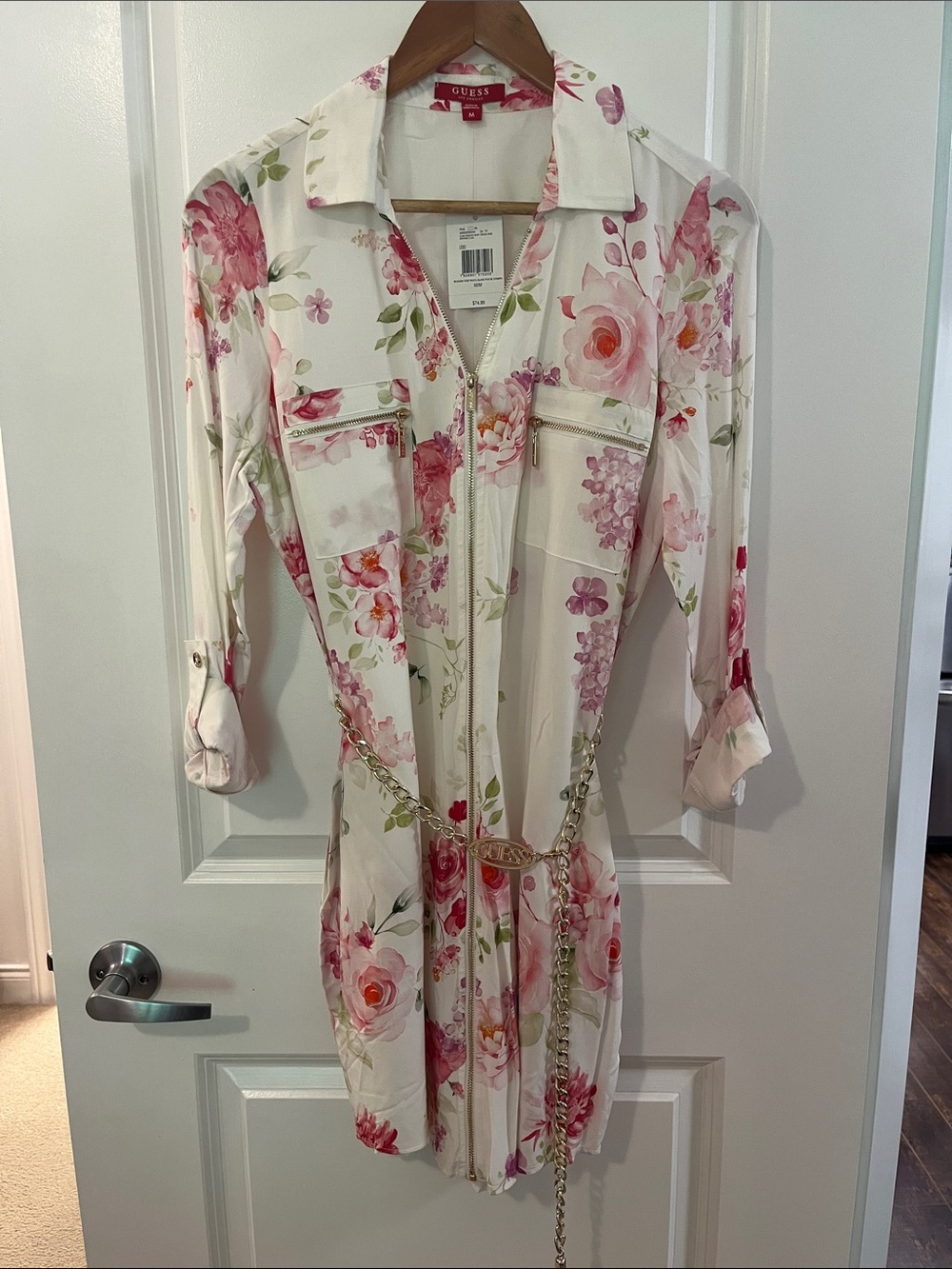 GUESS White Floral Zip-Front Mini Dress with Gold Chain Belt